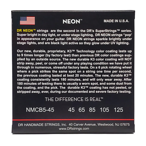 DR Strings HI-DEF NEON NMCB5-45 Multi-Color Colored Bass Guitar Strings: 5-String Medium 45-125